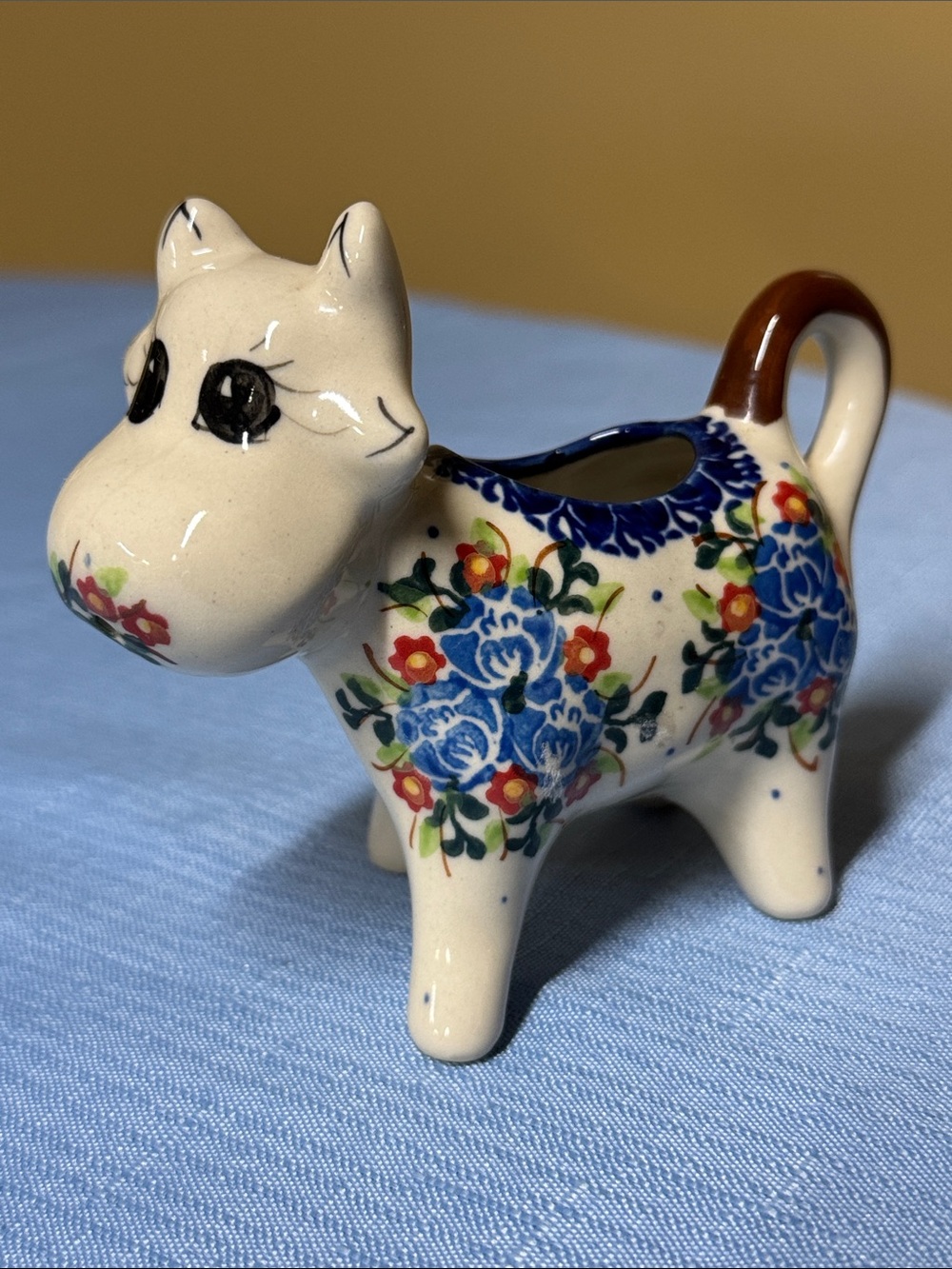 Polish Pottery Cow Creamer Kalich Boleslawiec Hand Painted Floral Pattern 3.75”